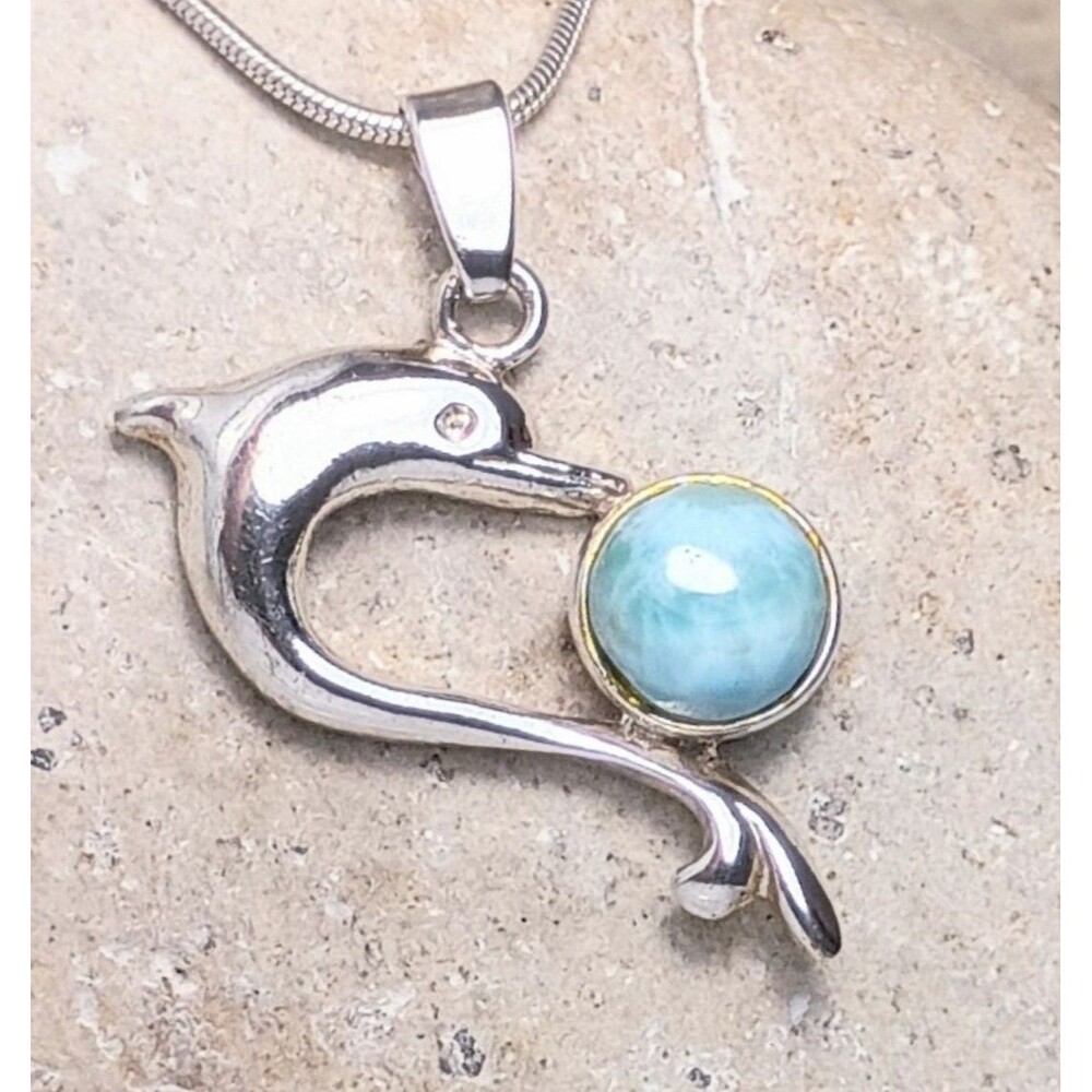 Larimar Sterling Silver Dolphin Pendant Necklace Chain 925 ITALY